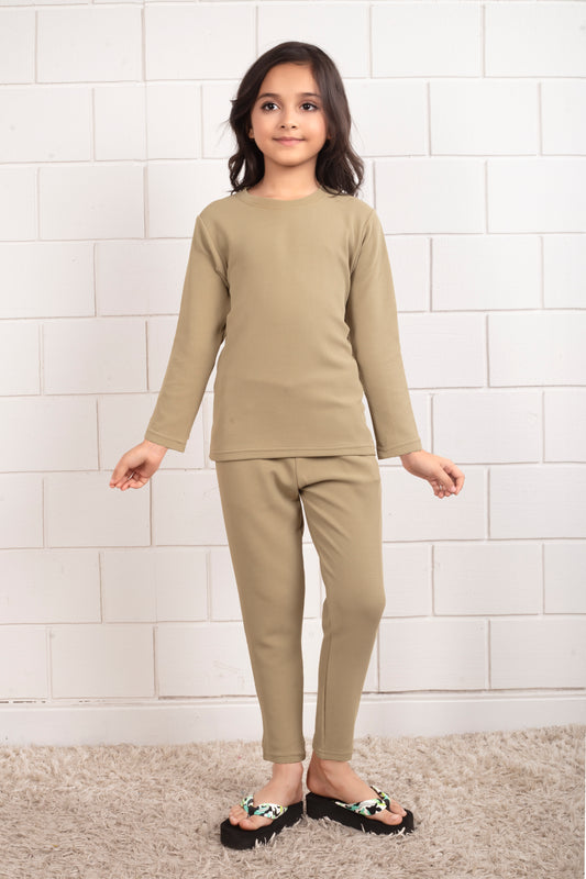 Beige_Pure_Waffle_Cotton_girls_pajama_sets - FrontView