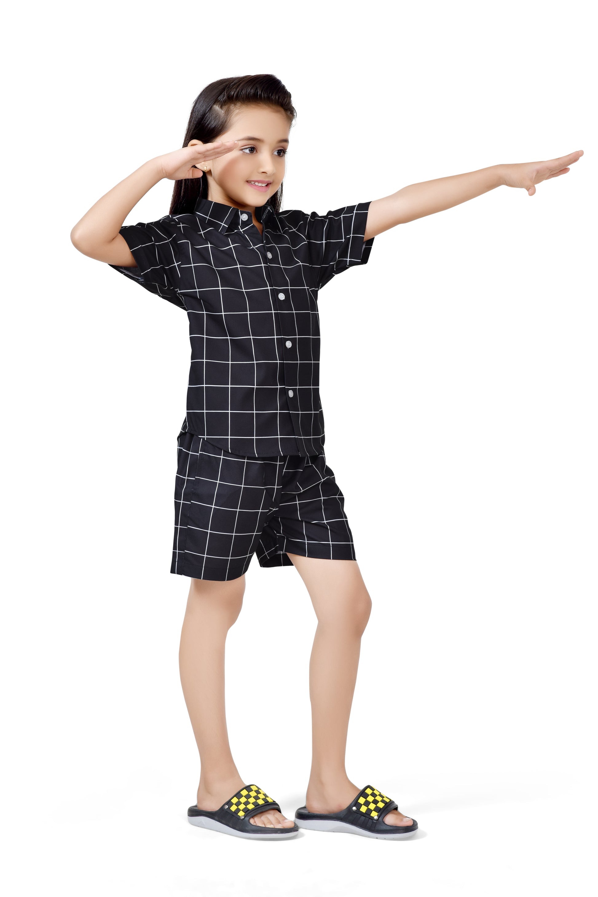 Summer  Style Big Checks Printed Black 
 Color Cotton Girls Co-Ord Set - Side View