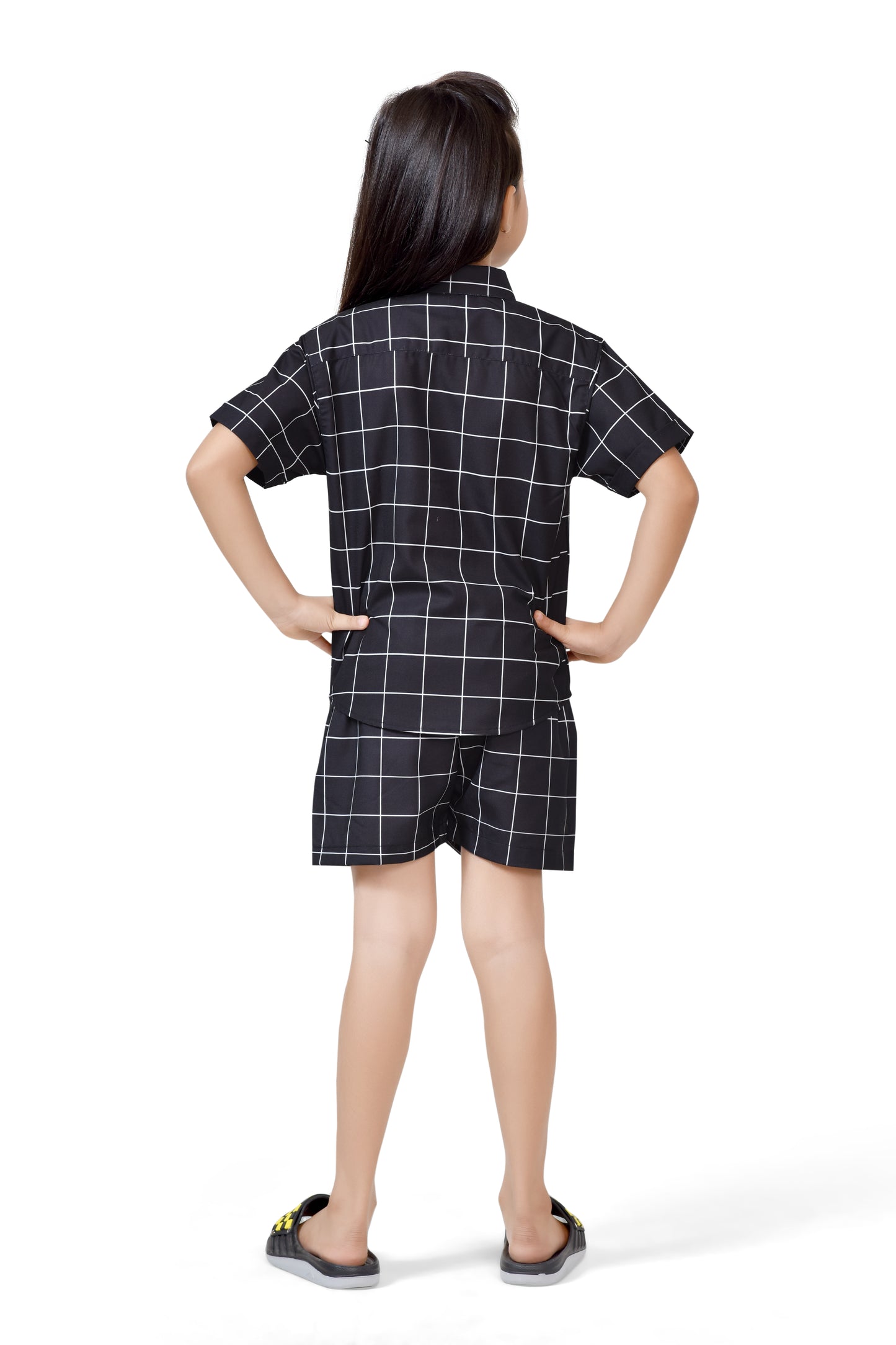 Summer Style Big Checks Printed Black 
 Color Cotton Girls Co-Ord Set - Back Sidee