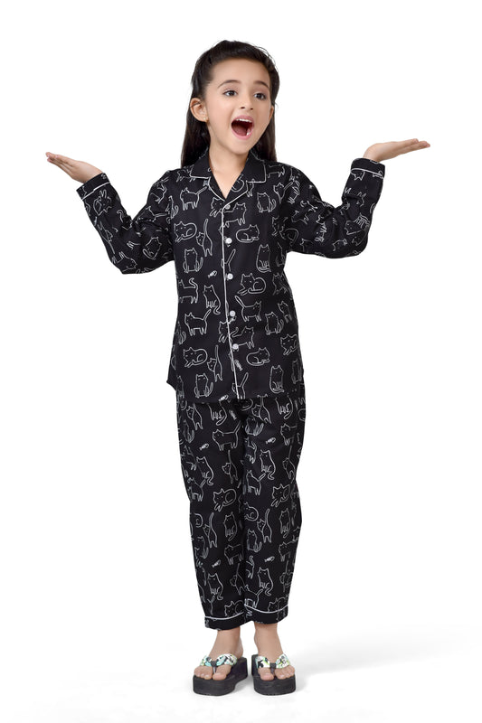 Buy Black Cat Print Girls Cotton Long Night Suit Set Online - Club96