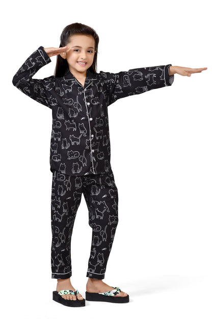 Black Cat Print Girls Cotton Long Night Suit Set - Long Sleeves