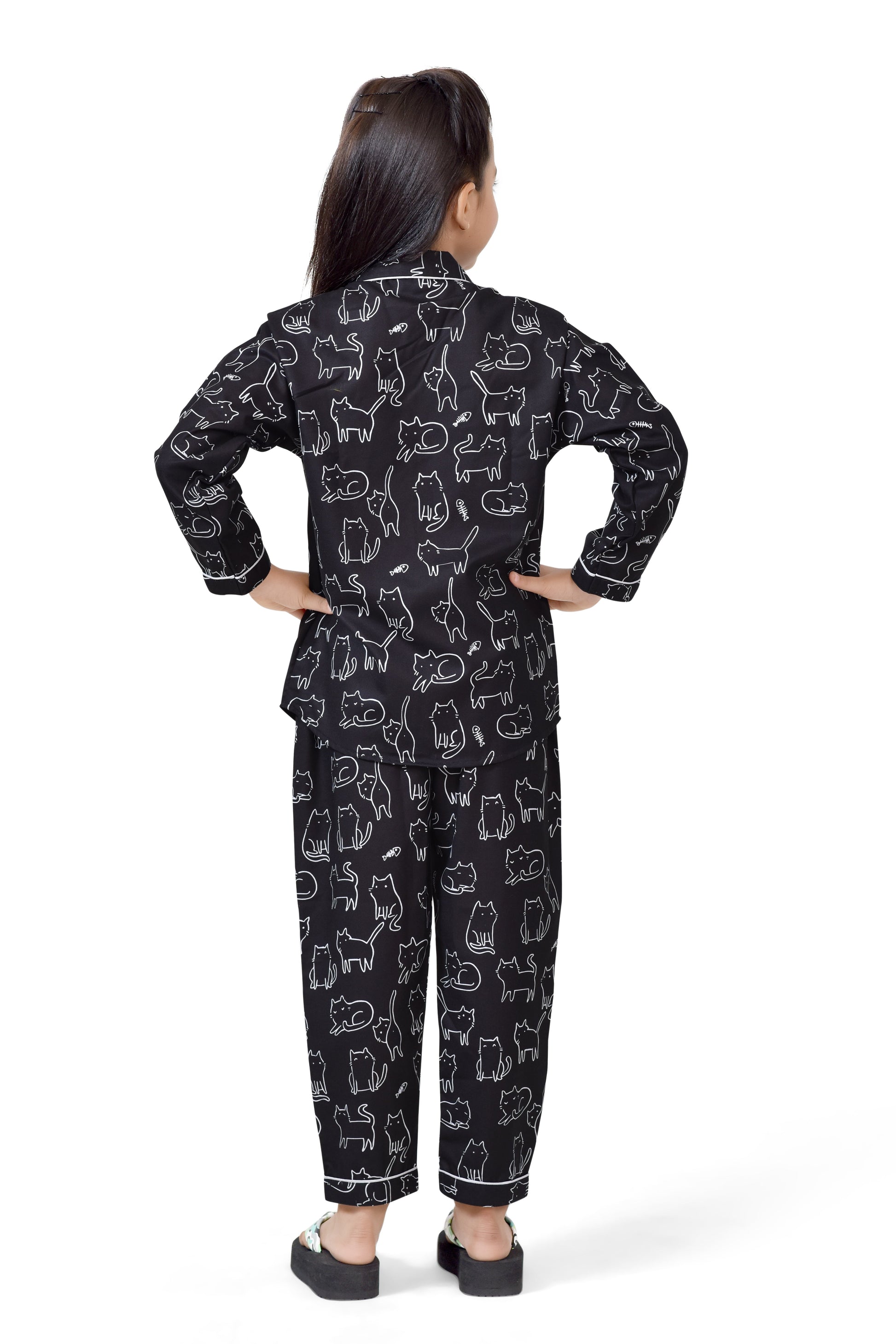 Black Cat Print Girls Cotton Long Night Suit Set - Back Side