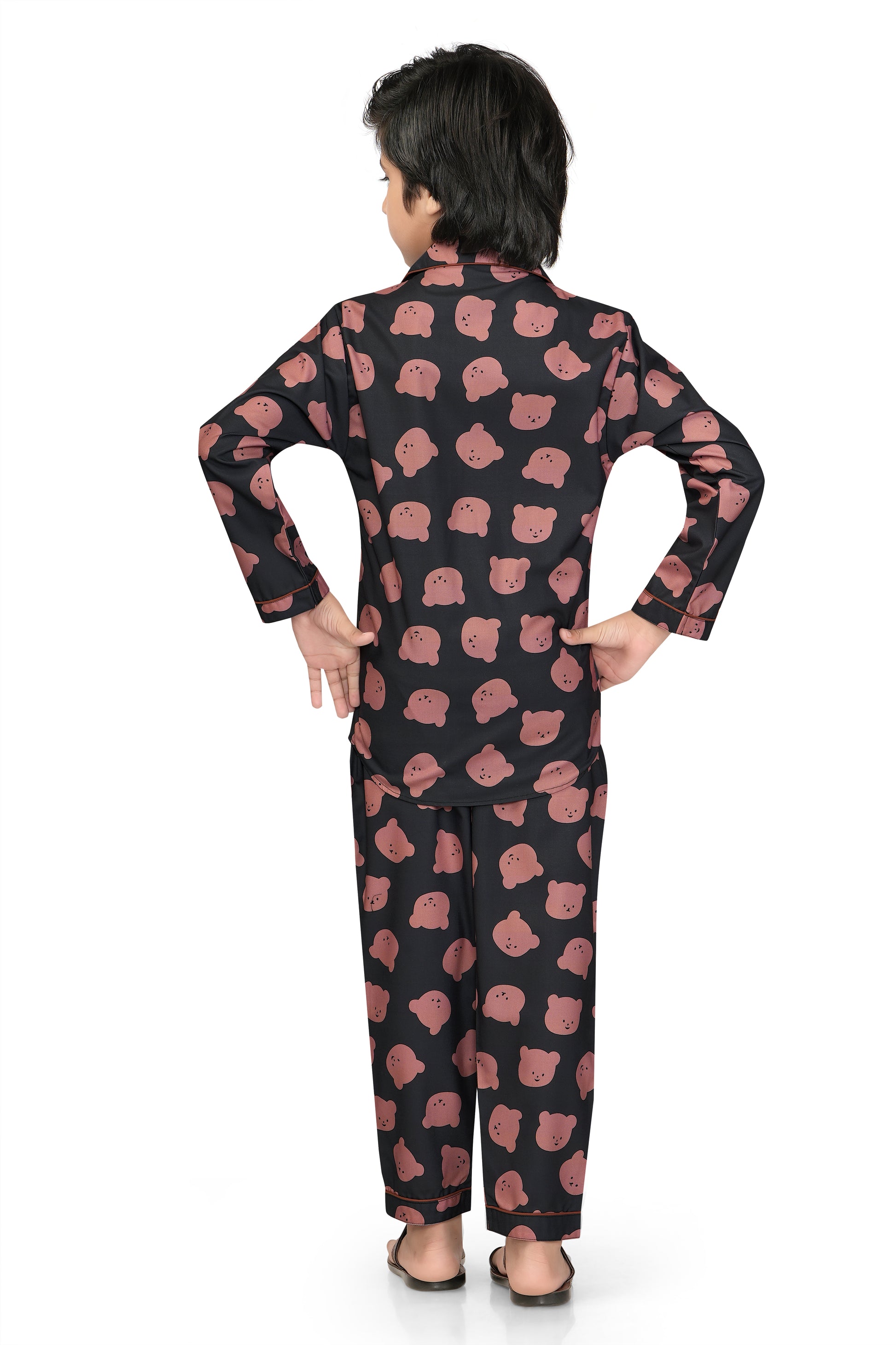 Black-Bear-Print-Cotton-Nightsuit-Set-Backview
