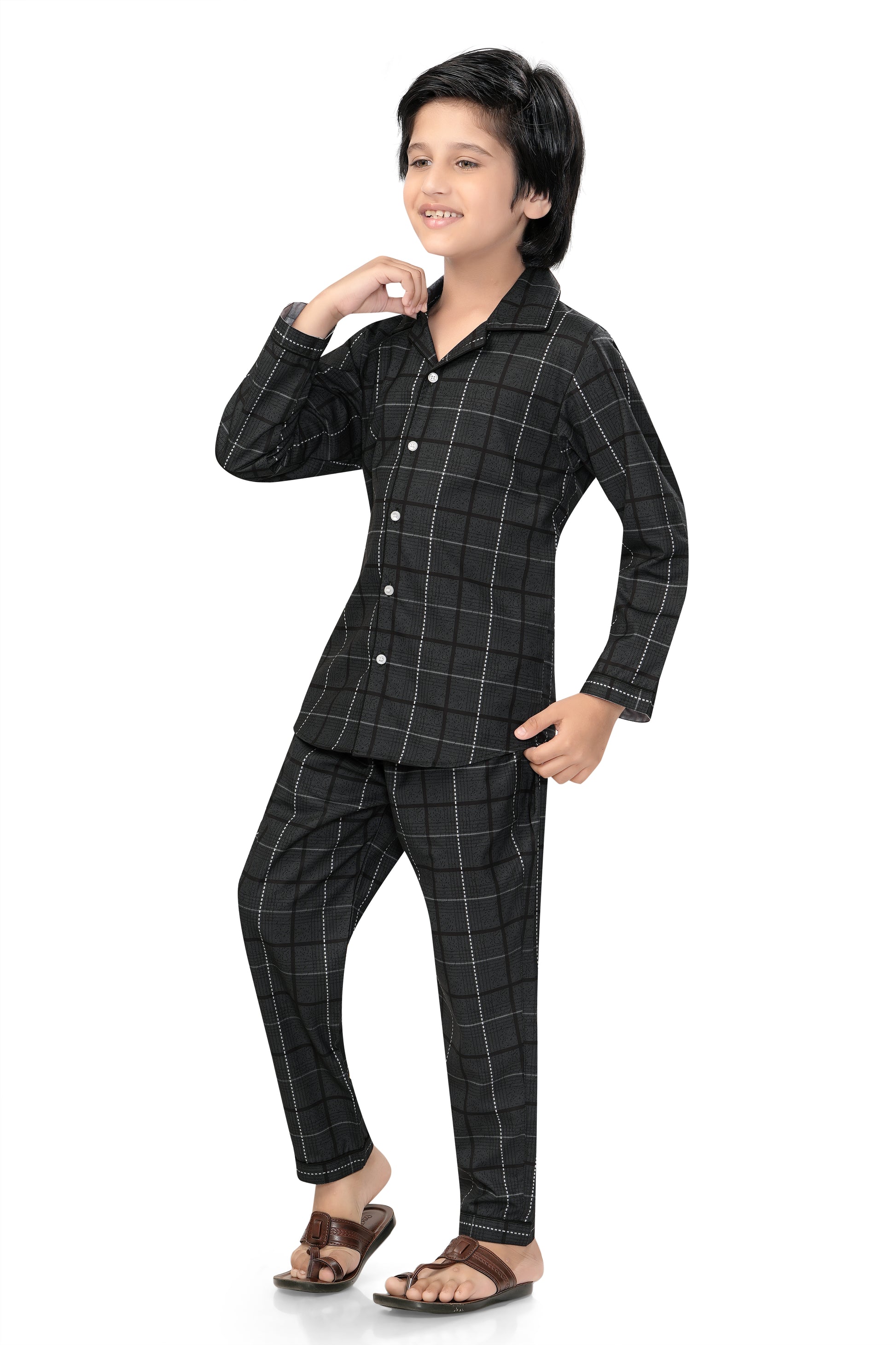 Black-Checks-Printed-Cotton-Night-Dress-SideView