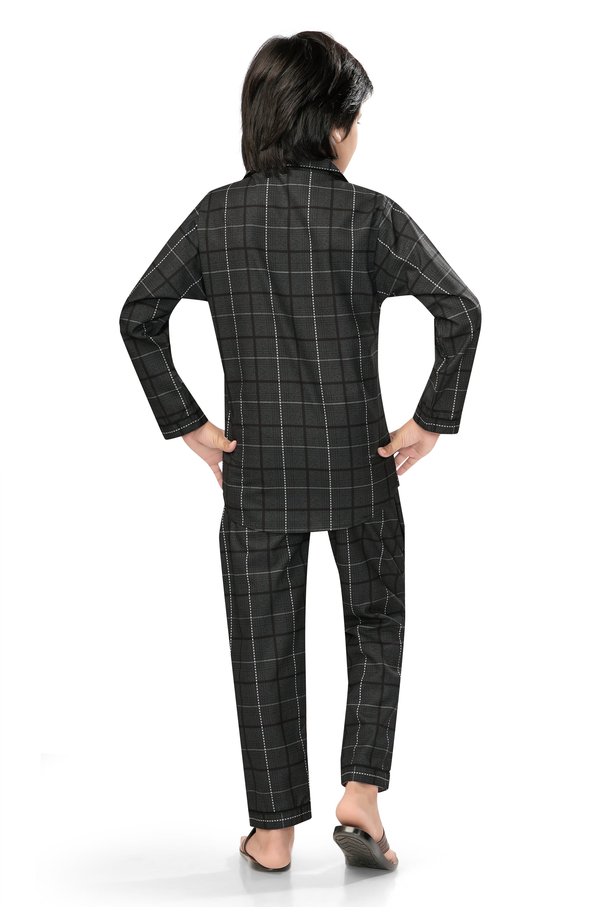 Black-Checks-Printed-Cotton-Night-Dress-BackView