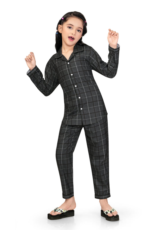 Black-Checks-Printed-Girl-Nightsuit-Set-FrontView