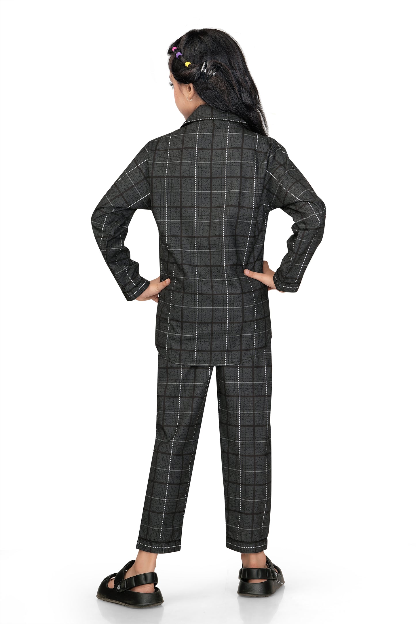 Black-Checks-Printed-Girl-Nightsuit-Set-Backview