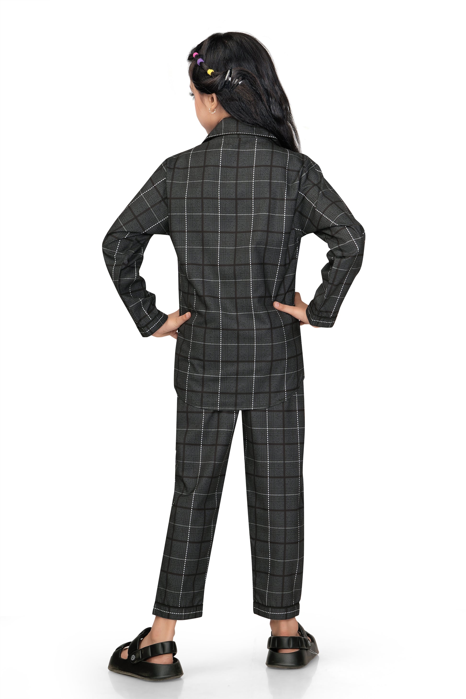 Black-Checks-Printed-Girl-Nightsuit-Set-Backview