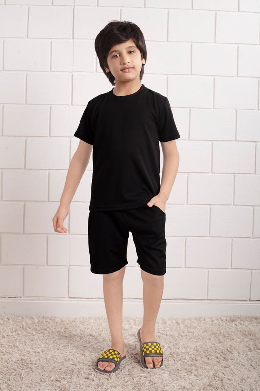 Black_Pure_Cotton _Mario_rib _kids_ shorts _set_Front