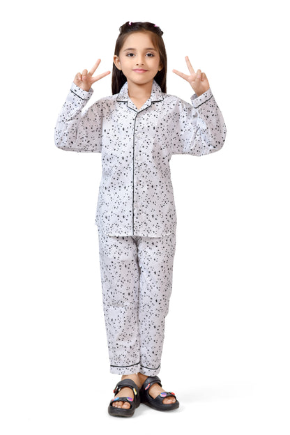 Black & White Polka Printed Girls Nightsuit - Front