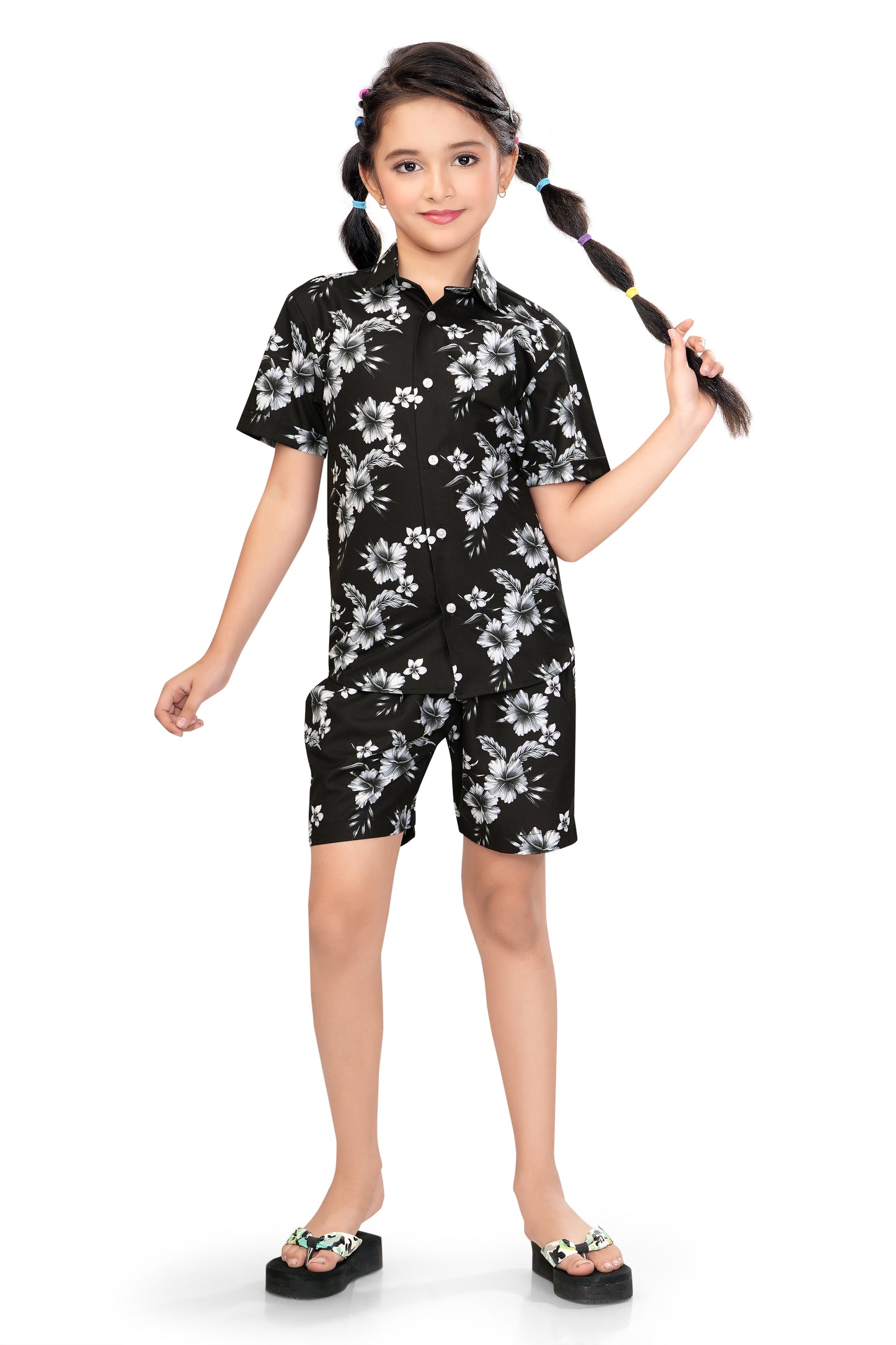 Black-and-White-Floral-Printed-Girls-Co-Ord-Set-FrontView