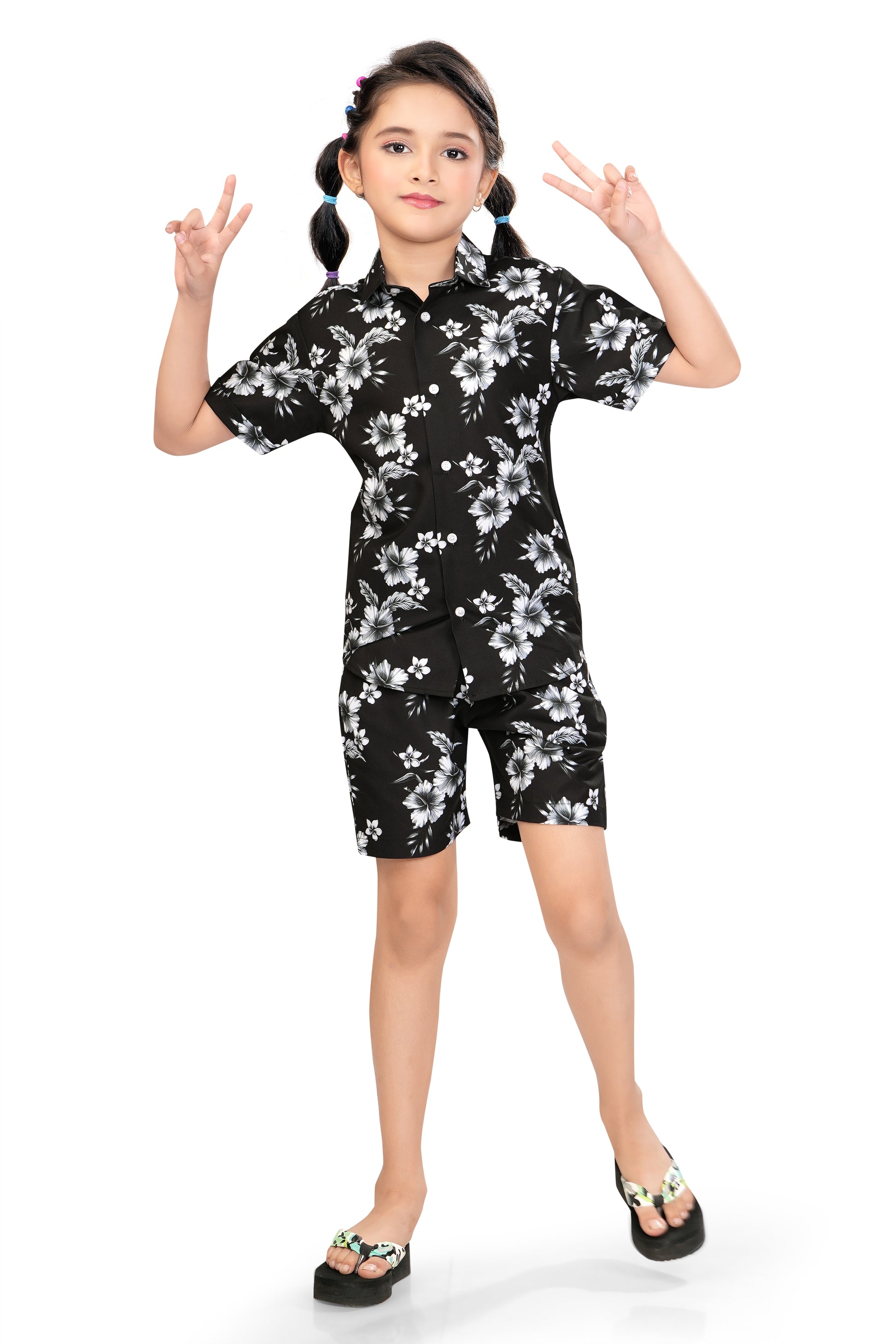 Black-and-White-Floral-Printed-Girls-Co-Ord-Set-FrontView