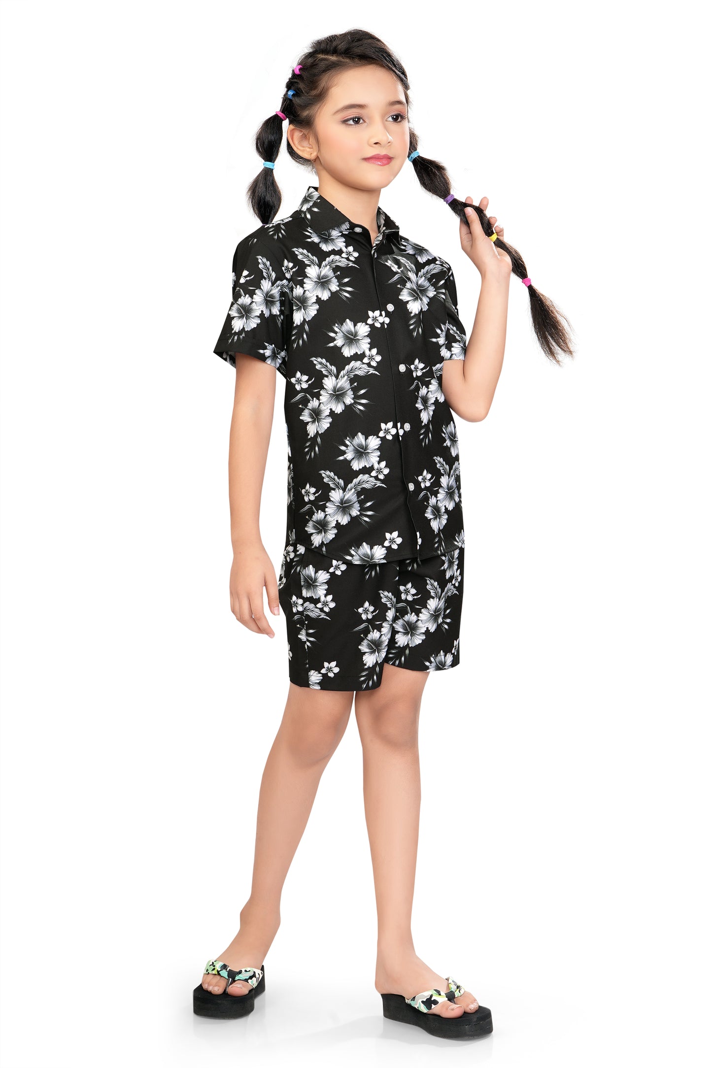 Black-and-White-Floral-Printed-Girls-Co-Ord-Set-SideView