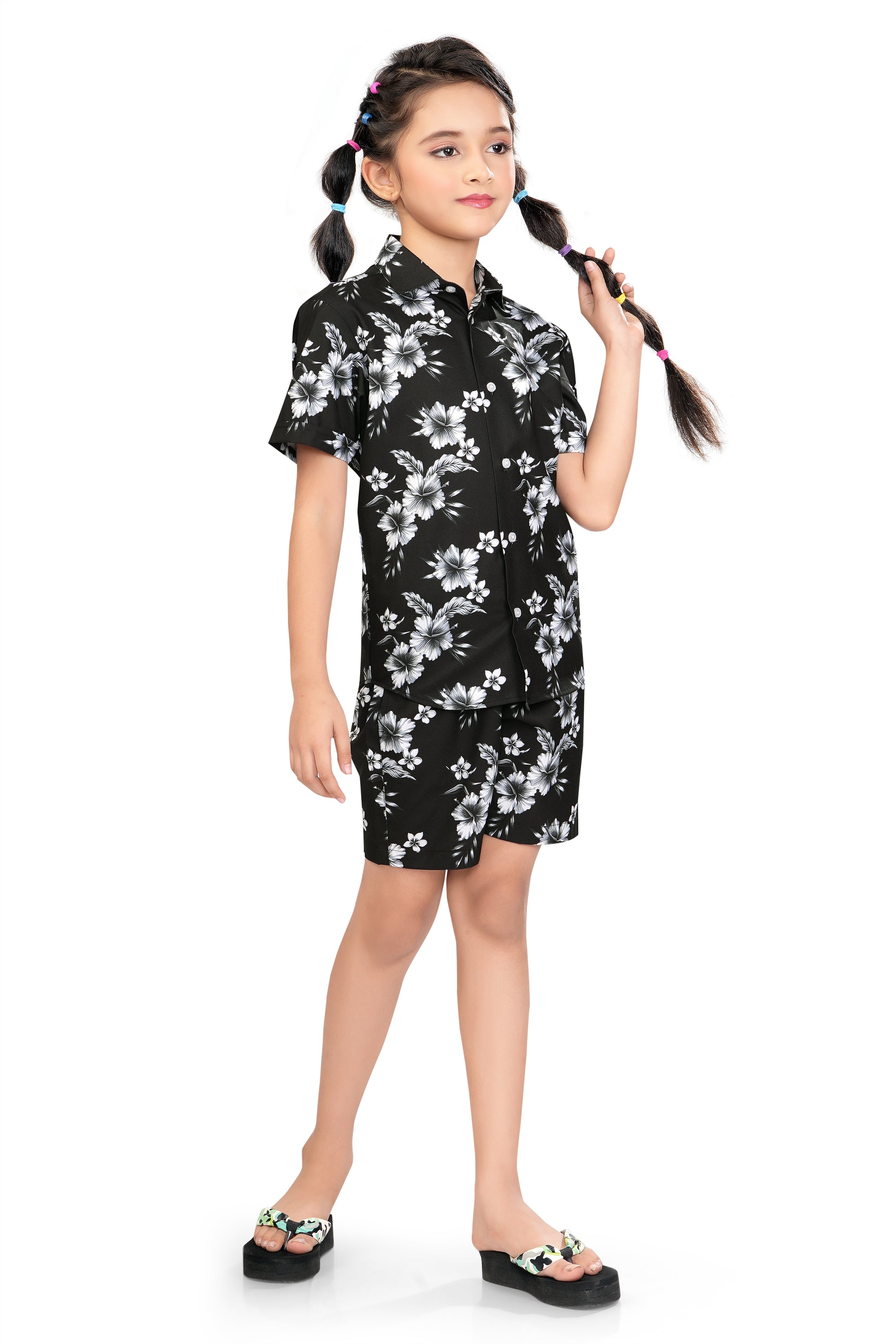Black-and-White-Floral-Printed-Girls-Co-Ord-Set-SideView