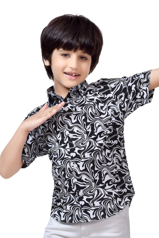 Black and White Printed Pure Cotton Half Sleeve Shirt For Boys – Club96.in
