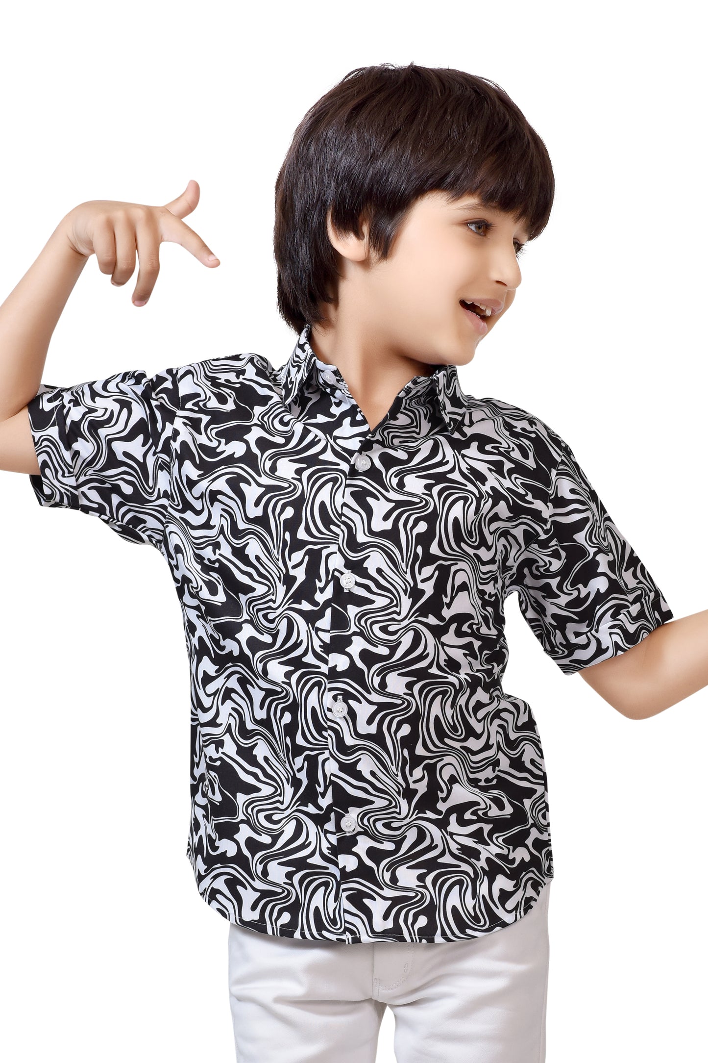 Black and White Printed Pure Cotton Half Sleeve Shirt For Boys – Stylish