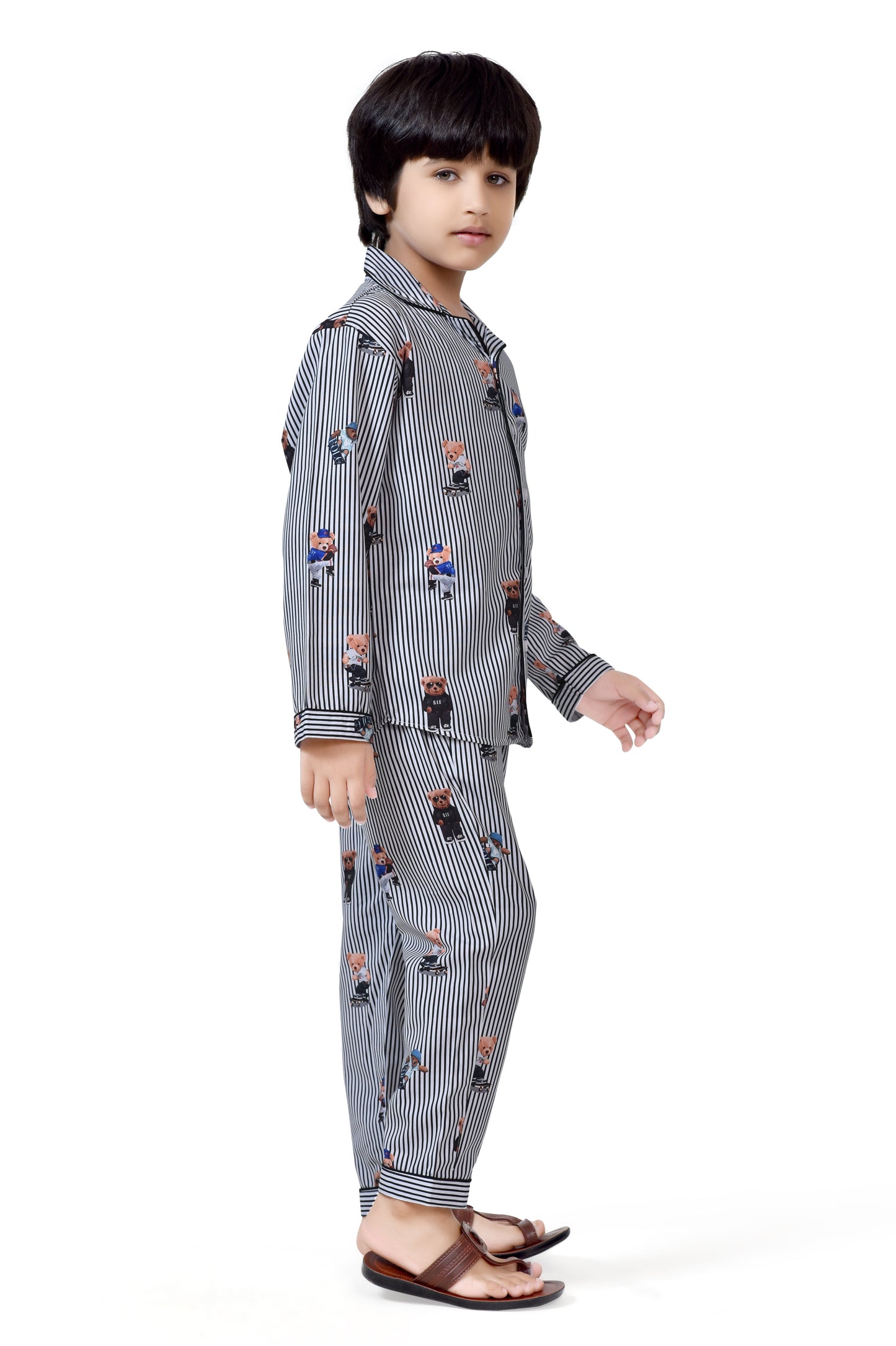 Black and White Teddy Bear Printed Boys Cotton Nightsuit