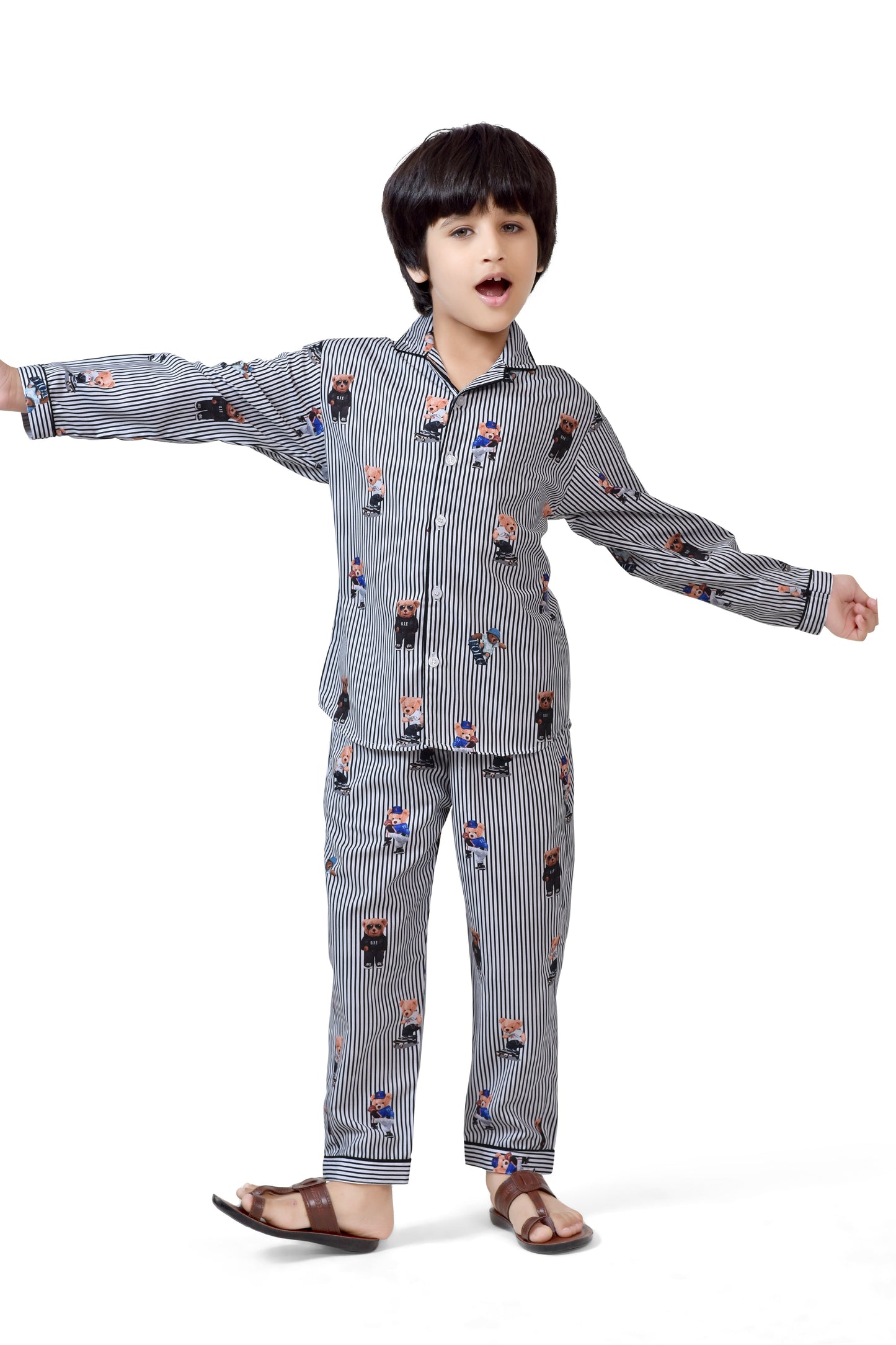 Black and White Teddy Bear Printed Striped Boys Long Sleeves Nightsuit