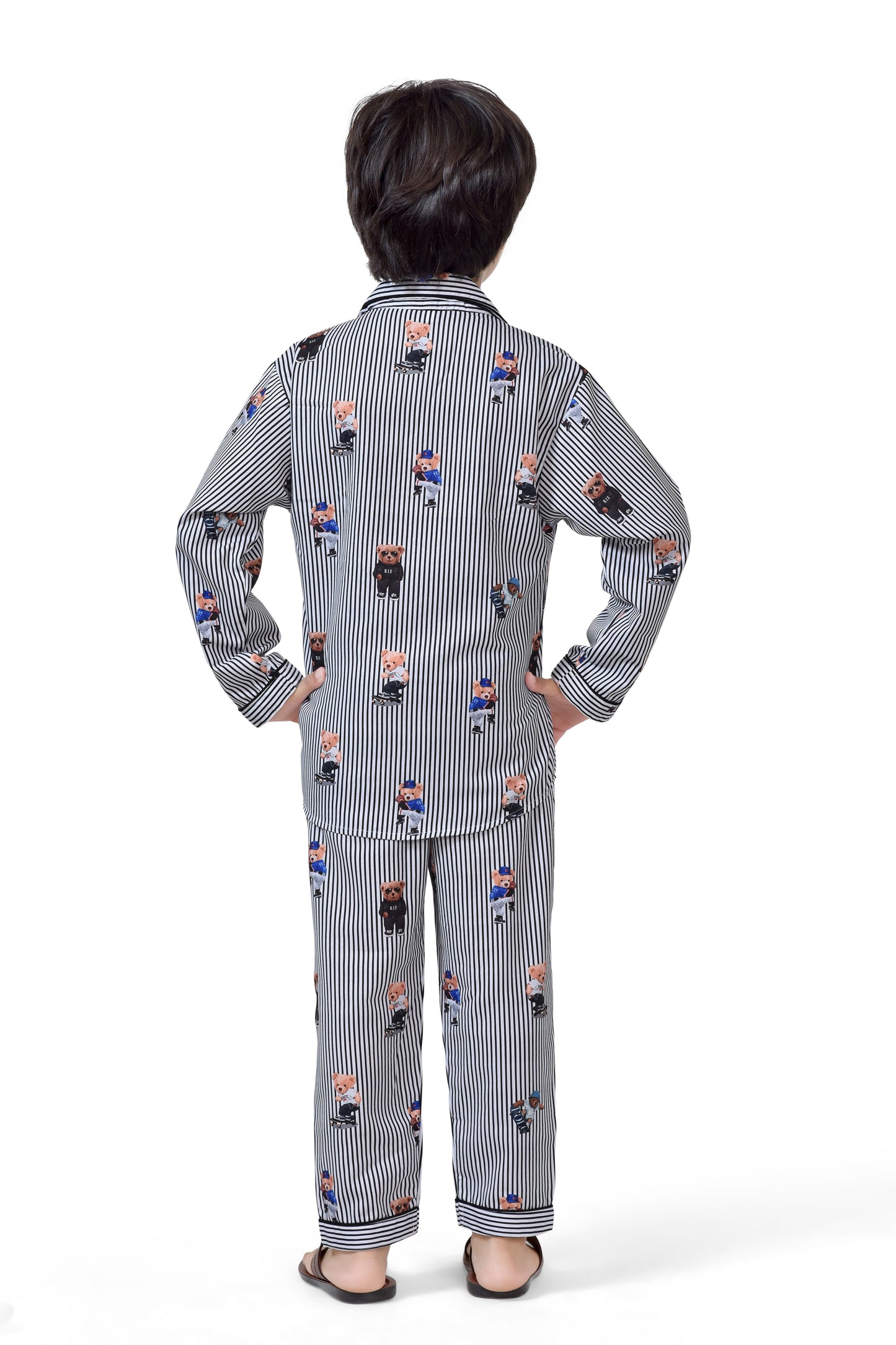 Black and White Teddy Bear Printed Striped Boys Pajama Night Suit