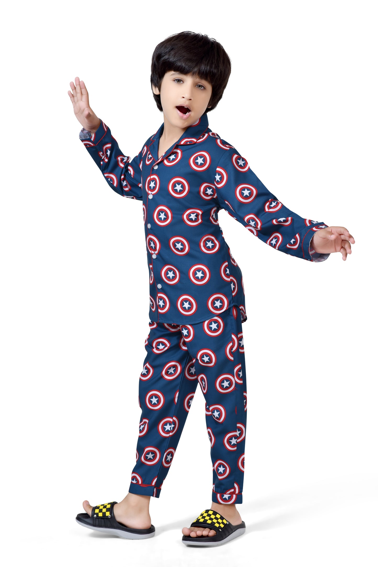 Captain America Shield Printed Blue Boys Cotton Night Suit - Side View