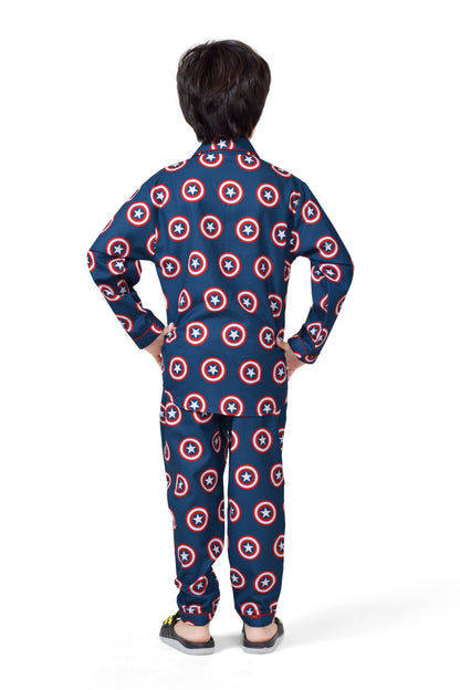 Captain America Shield Printed Blue Boys Cotton Night Suit - Back Side