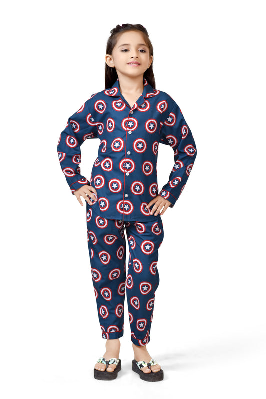 Buy Blue Captain America Shield Printed Girls Night Suit Online - Club96.in