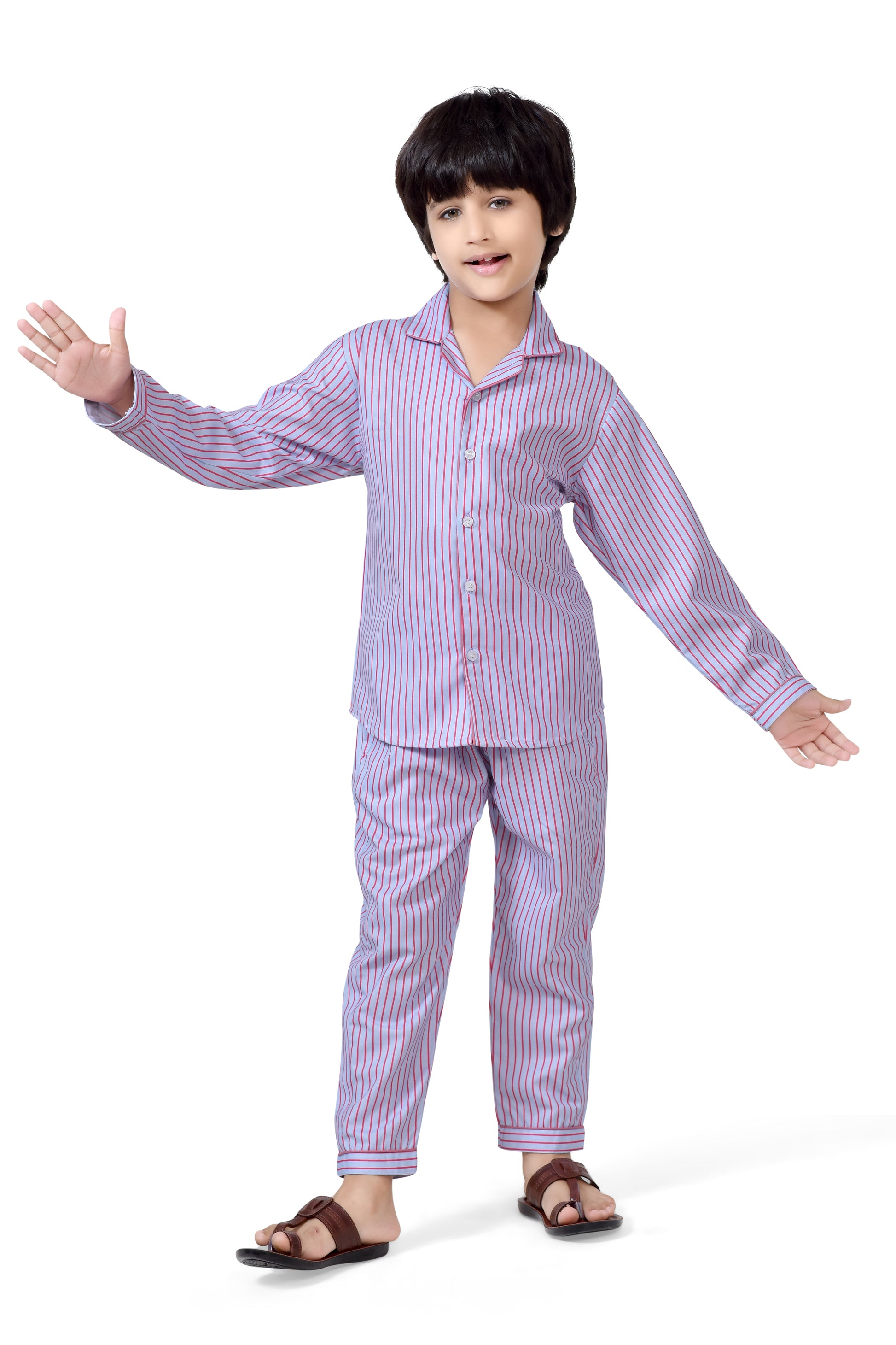Blue & Pink Stripe Printed Boys Night Dress - Front