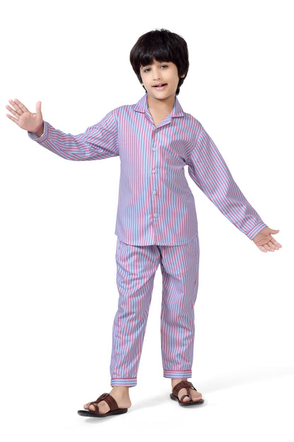 Blue & Pink Stripe Printed Boys Night Dress - Front