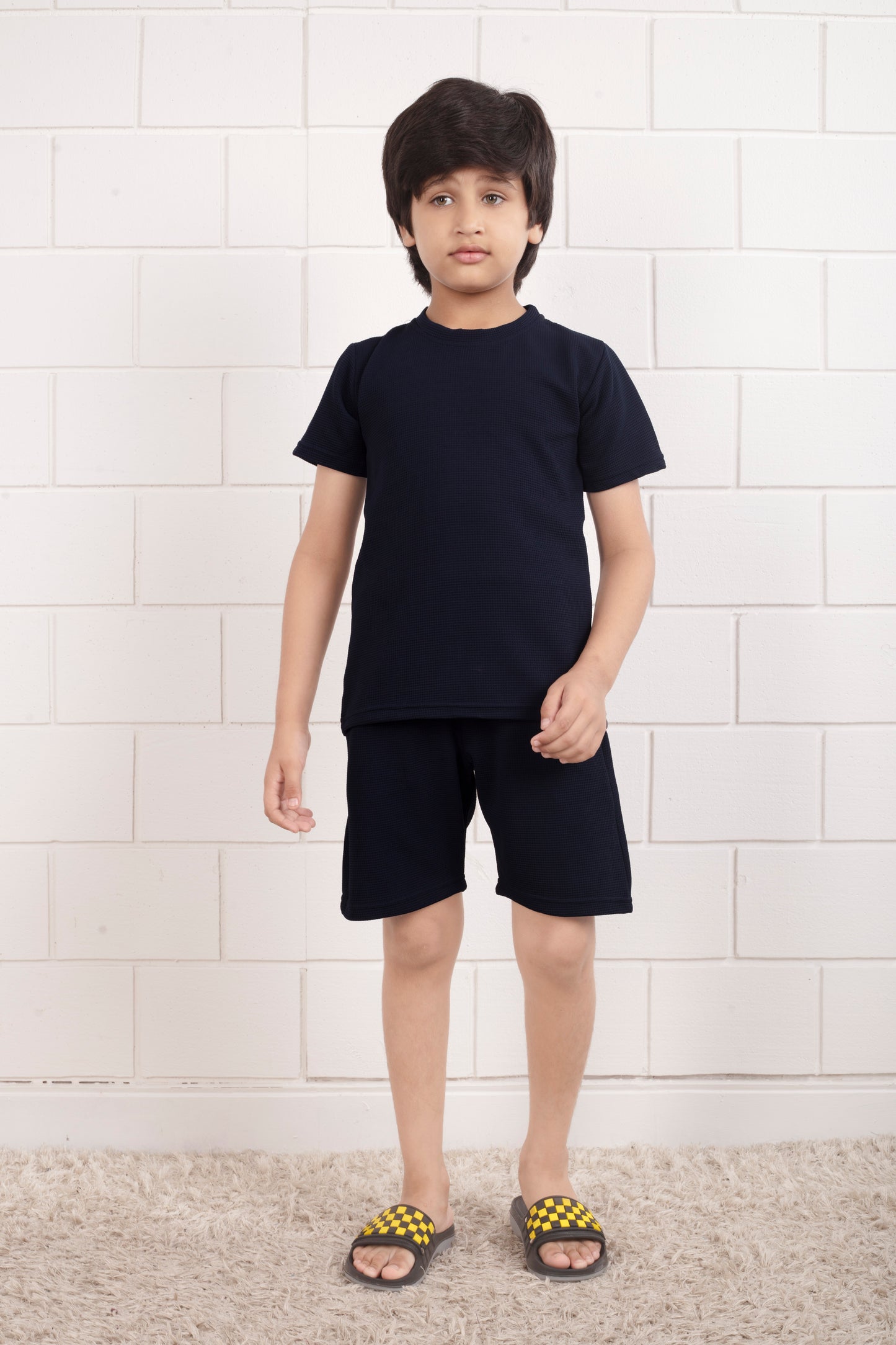 Blue_Pure_Cotton_waffle_kids_shorts_set_for_boy - FrontView