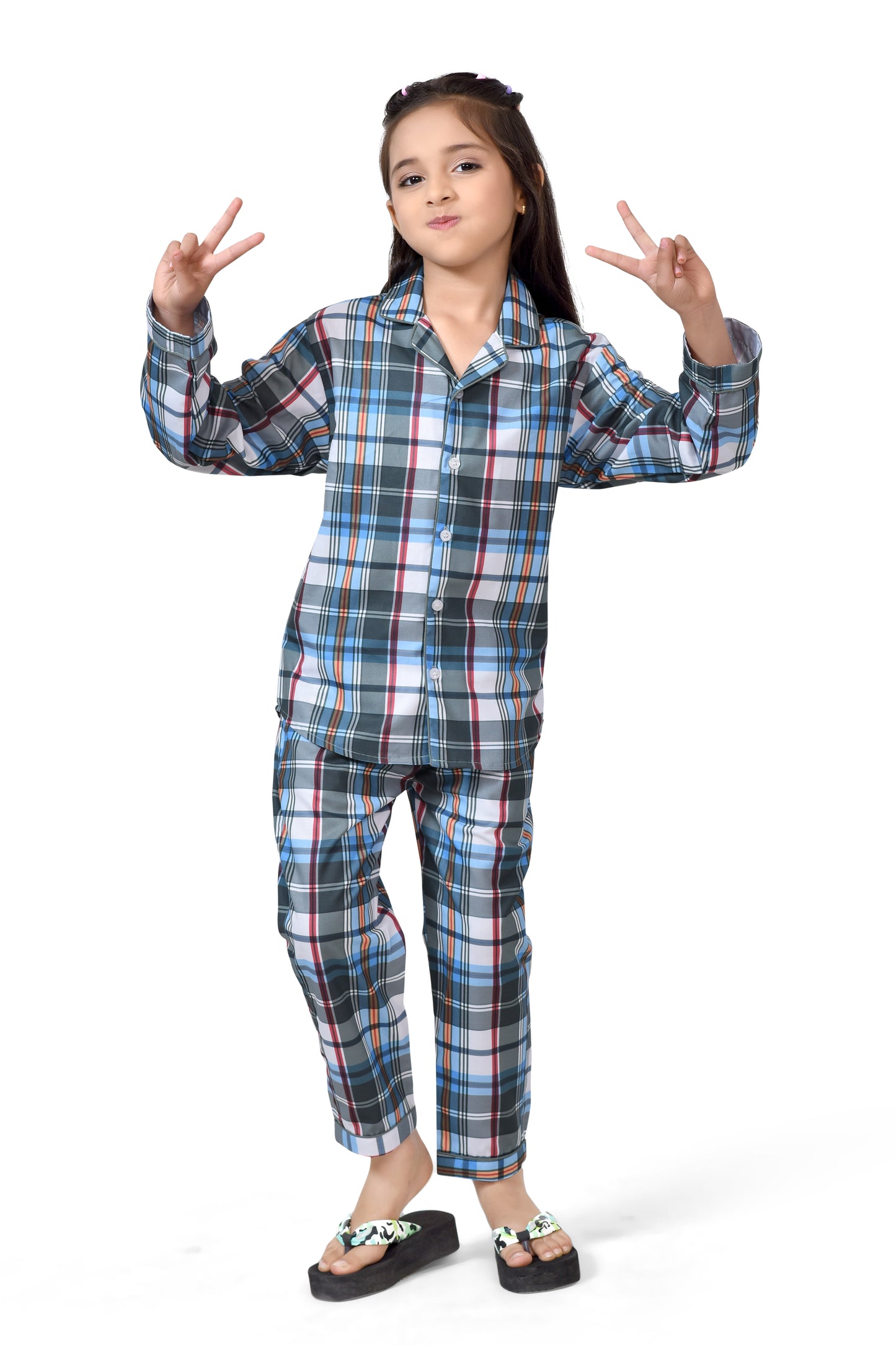 Buy Blue and Grey Checks Printed Girls Cotton Night Dress Online - Club96