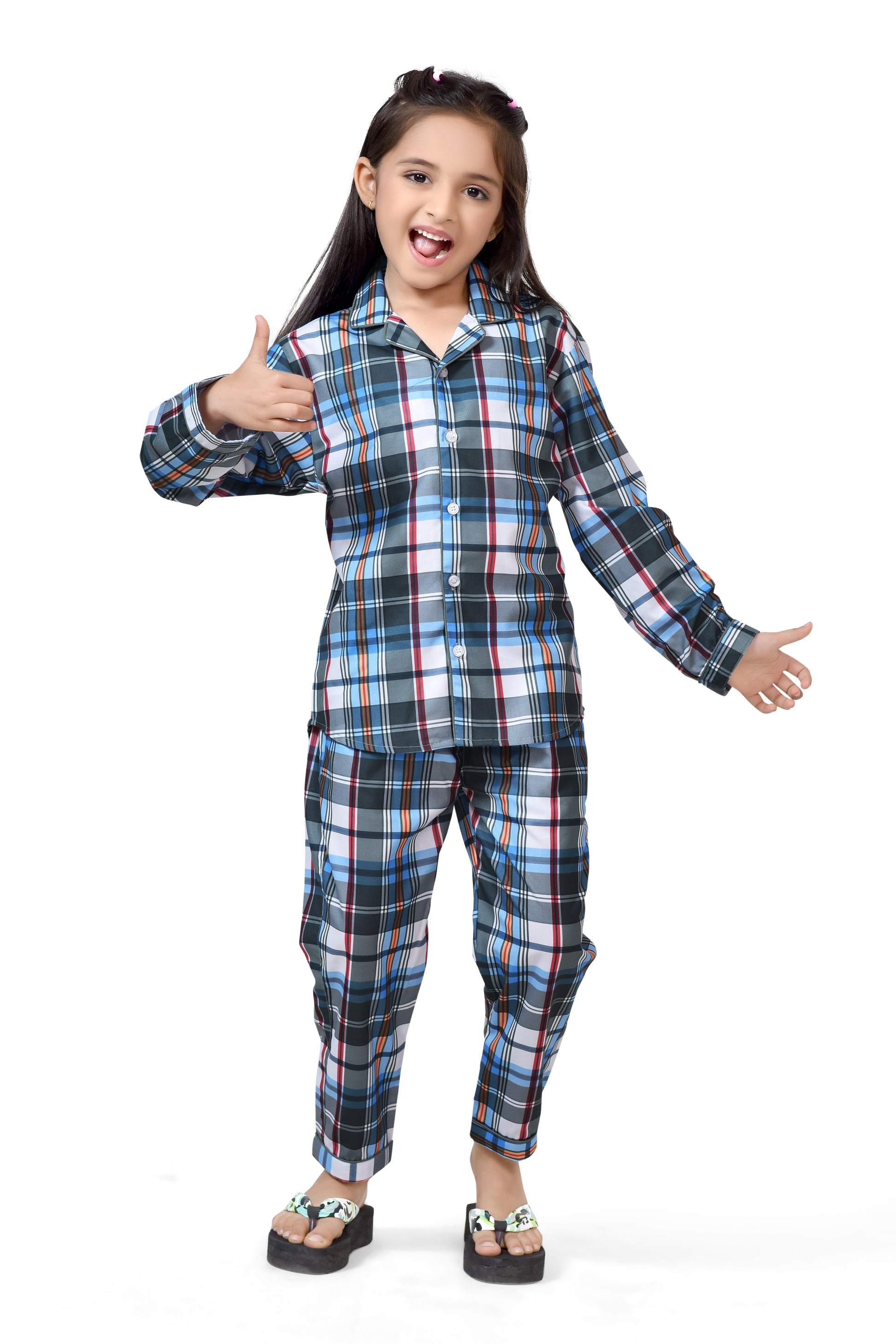 Blue and Grey Checks Printed Girls Cotton Night Dress - Long Sleeves