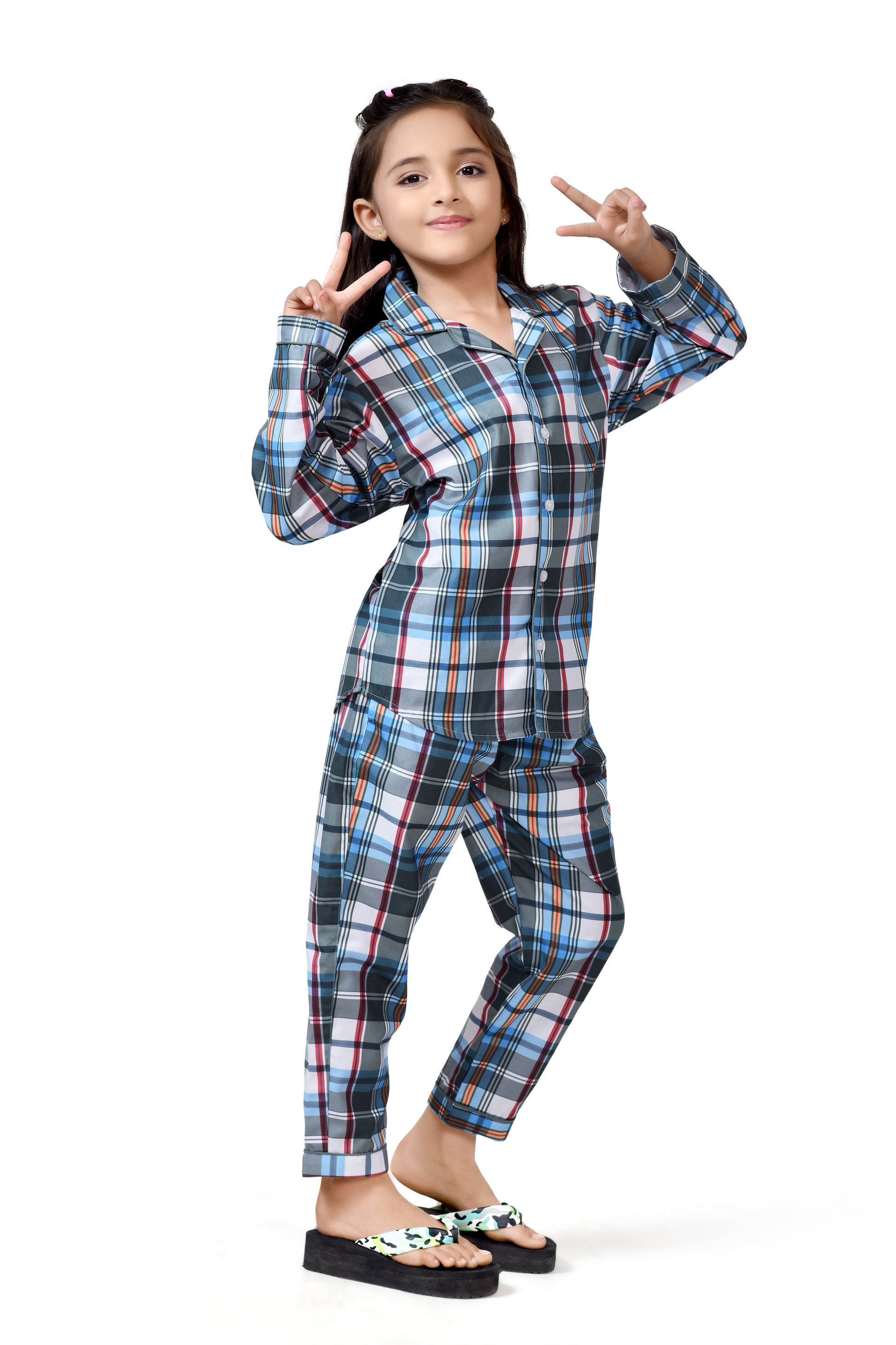 Blue and Grey Checks Printed Girls Cotton Long Pajama Suit