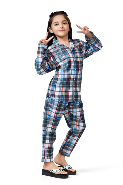 Blue and Grey Checks Printed Girls Cotton Long Pajama Suit