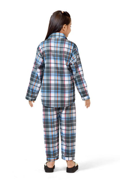 Blue and Grey Checks Printed Girls Cotton Night Dress - Back Side