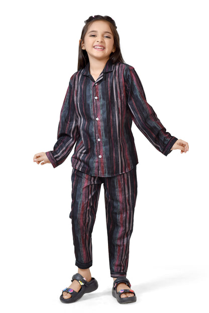 Buy Brown Abstract Striped Printed Girls Night Suit Set Online - Club96