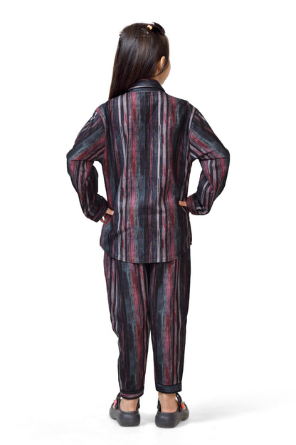 Brown Abstract Striped Printed Girls Night Suit Set - Back Side