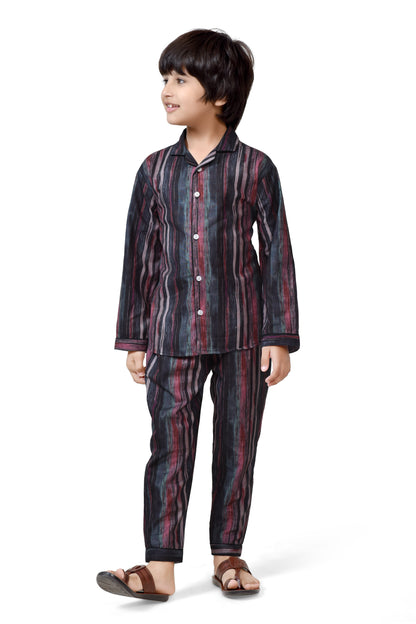 Brown Striped Long Sleeves Cotton Boys Long Night Dress