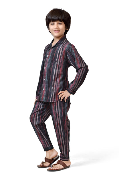 Brown Striped Long Sleeves Cotton Boys Night Dress