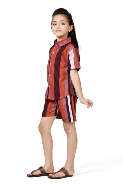 Girls Striped Printed Brown Color Cotton Shorts Co-Ord Set - Side View