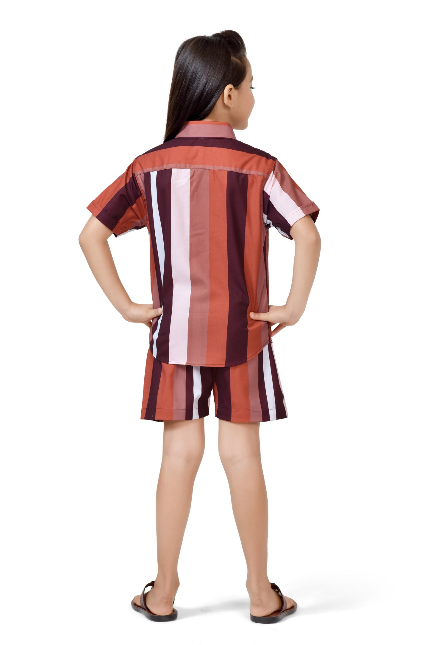 Girls Striped Printed Brown Color Cotton Shorts Co-Ord Set - Back Side