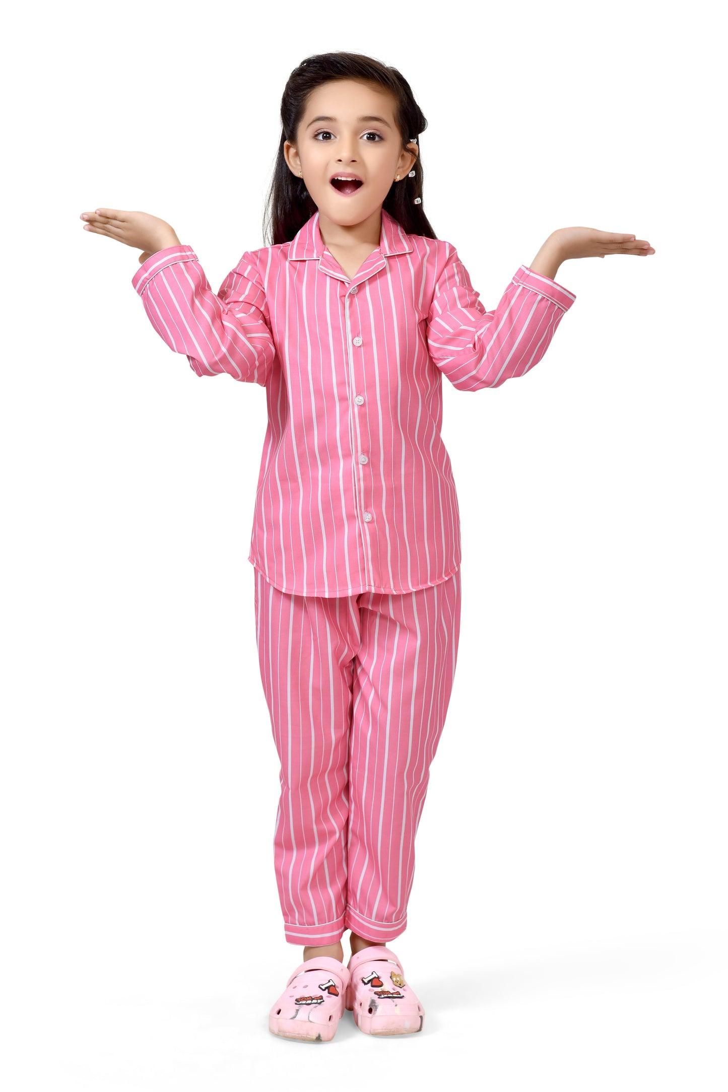 Candy Pink Striped Stylish Girls Pajama Suit