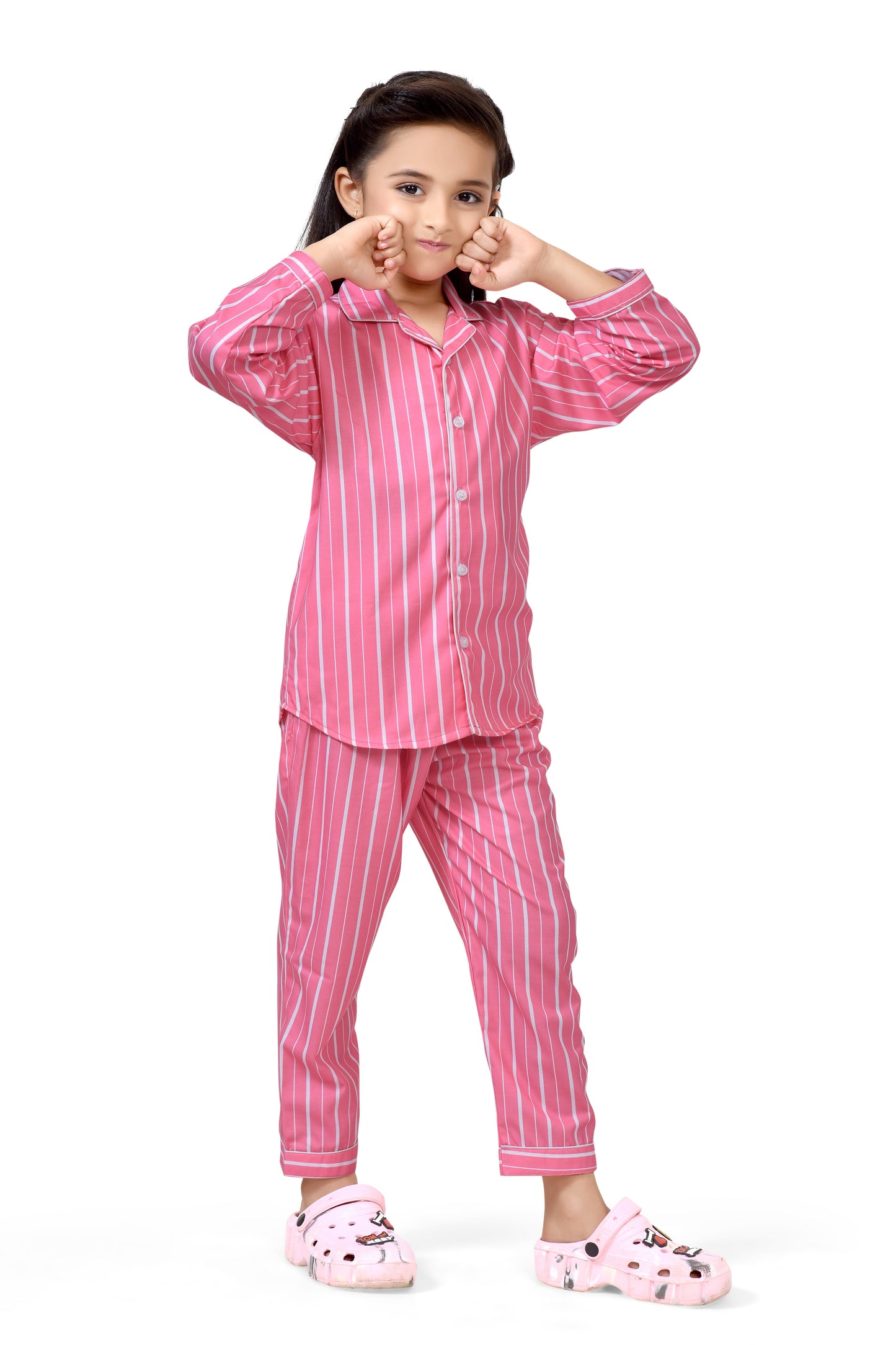 Candy Pink Striped Long Sleeve Night Suit Set