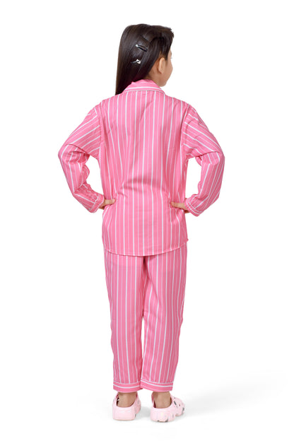 Candy Pink Striped Stylish Girls Night Suit Set - Back Side