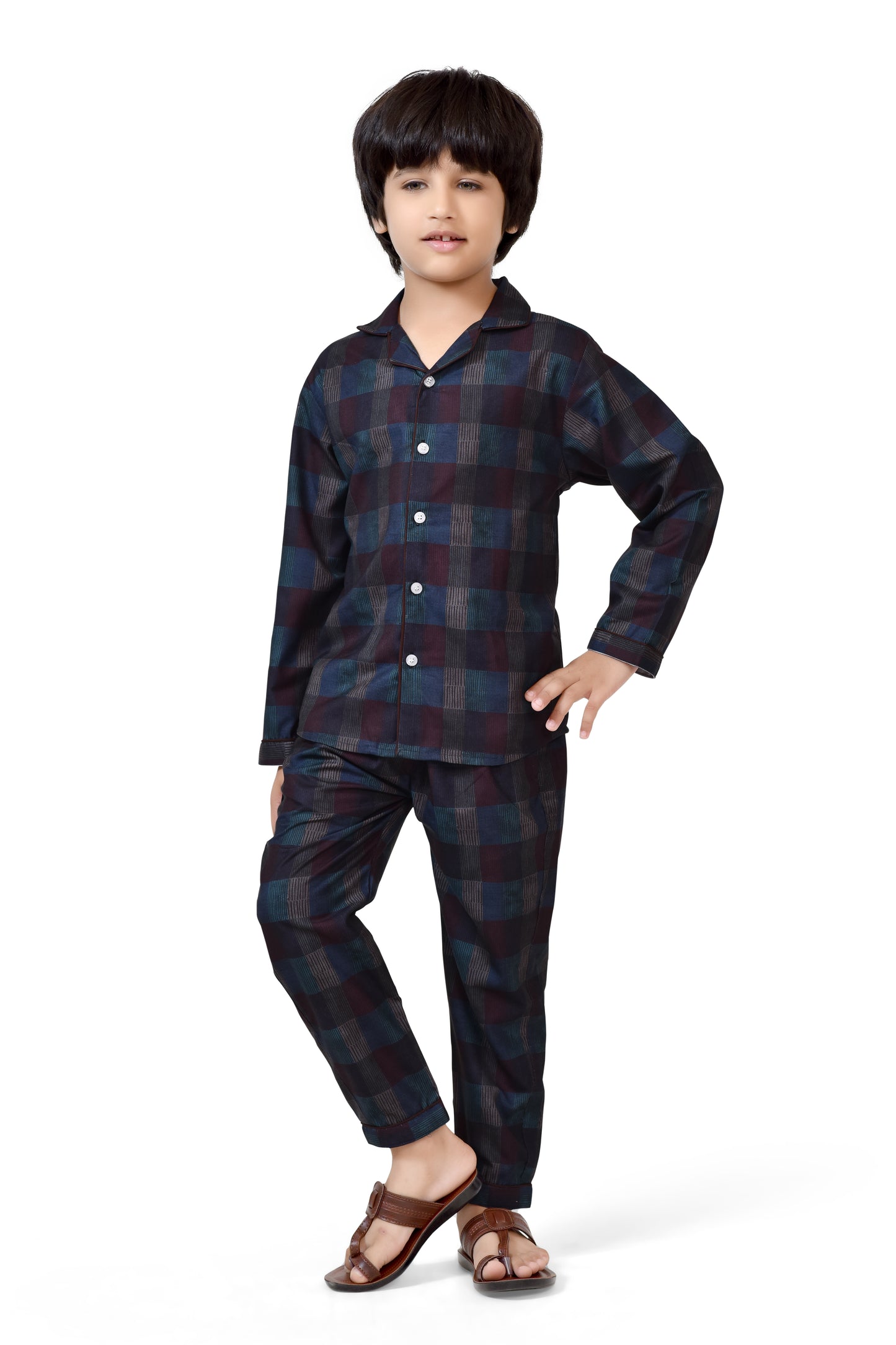 Buy Classic Midnight Blue Plaid Printed Boys Night Suit Online - Club96.in