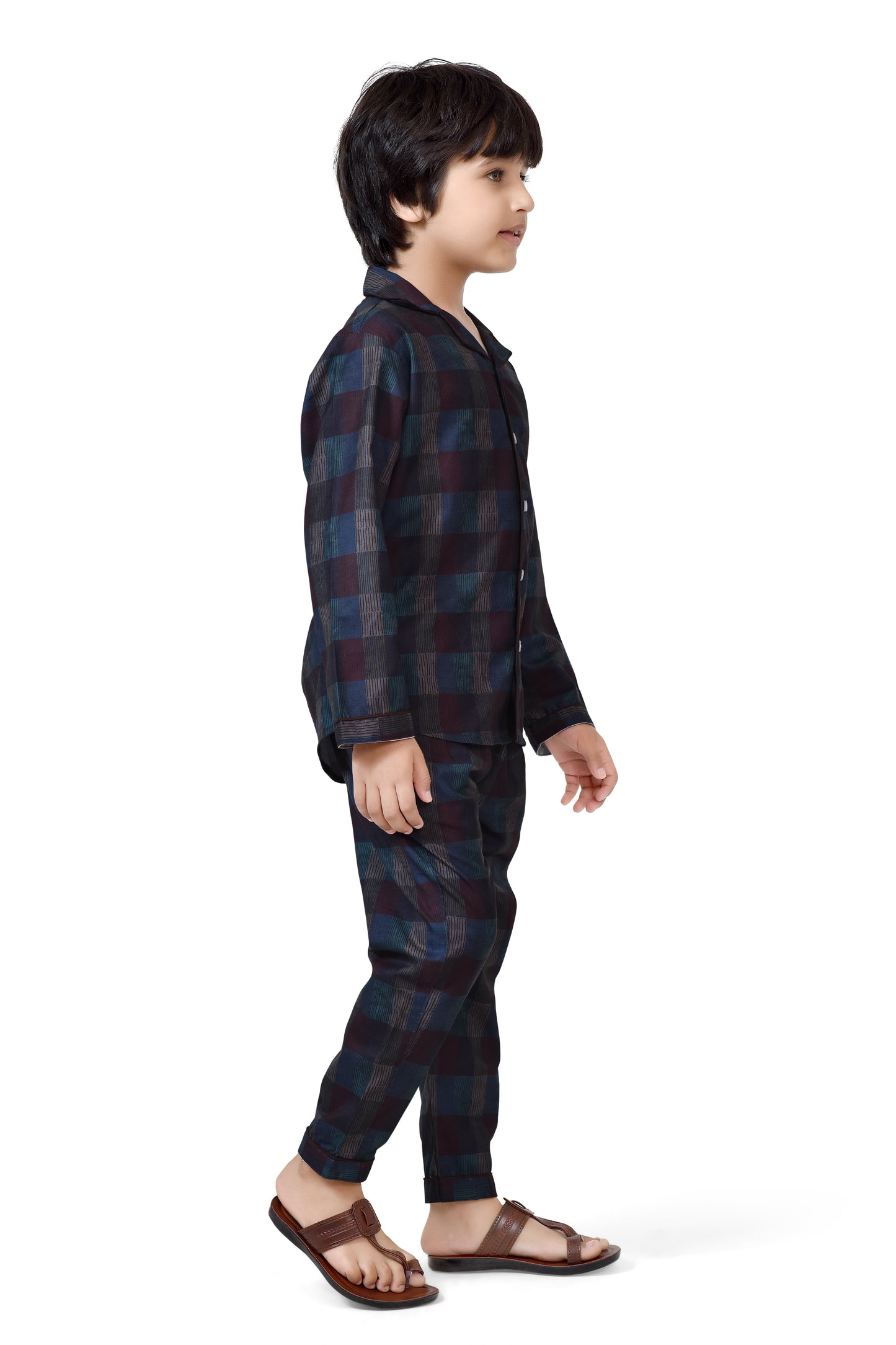 Midnight Blue Plaid Printed Classic Boys Cotton Night Suit - Side View