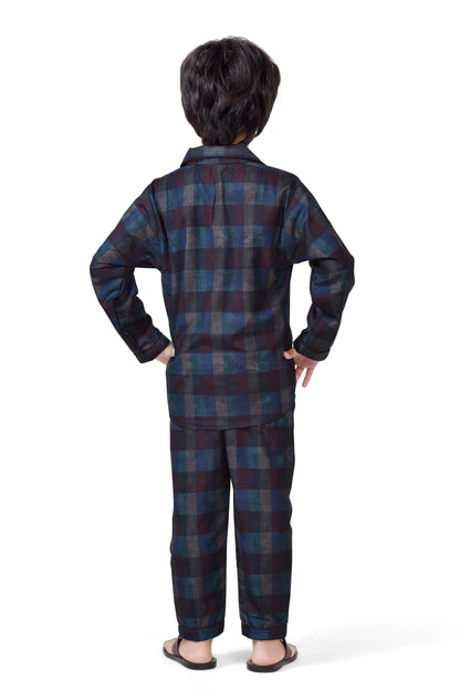 Midnight Blue Plaid Printed Classic Boys Cotton Night Suit - Back Side