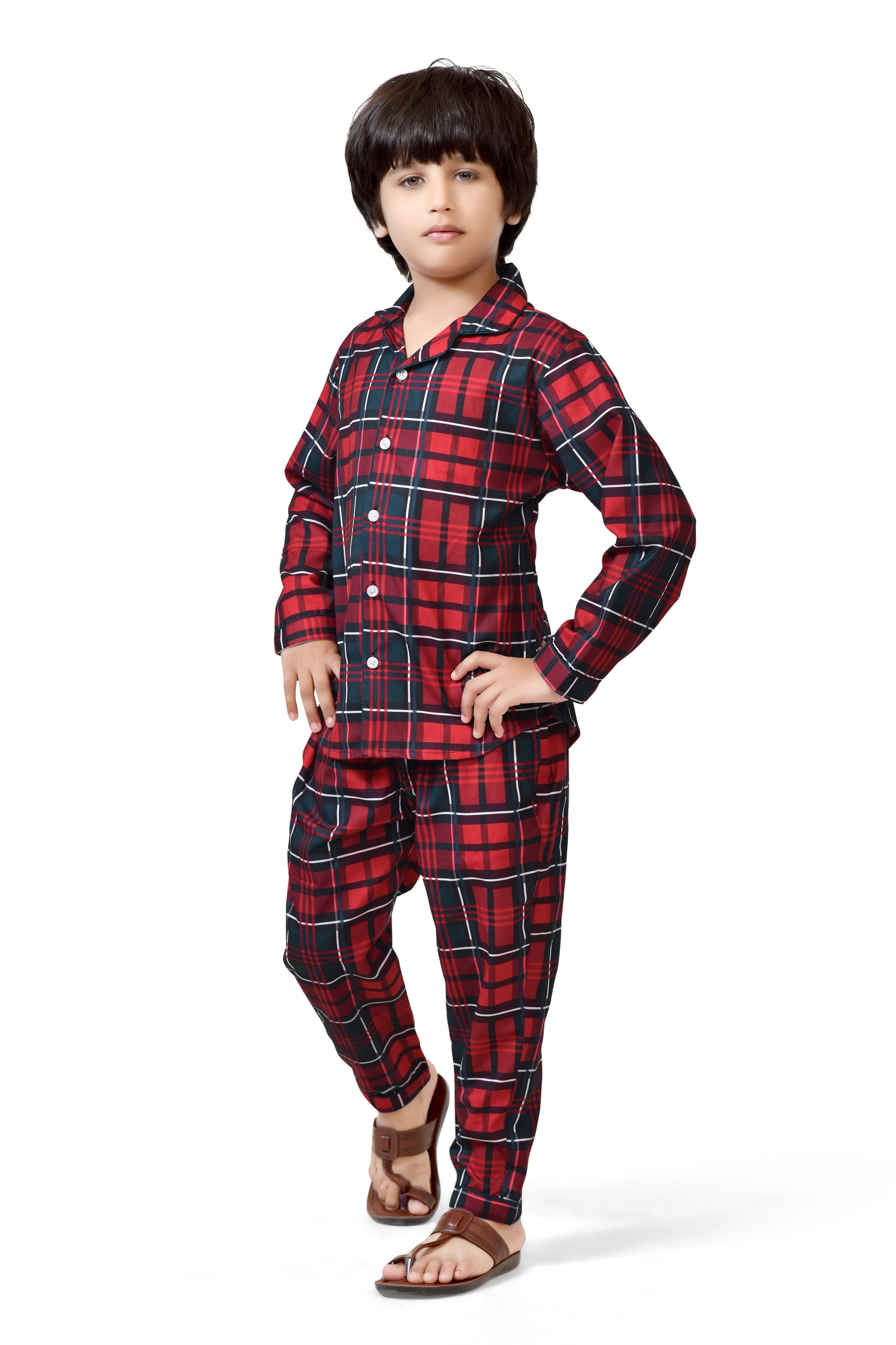 Classic Red and Black Christmas Theme Boys Night Suit - Side View