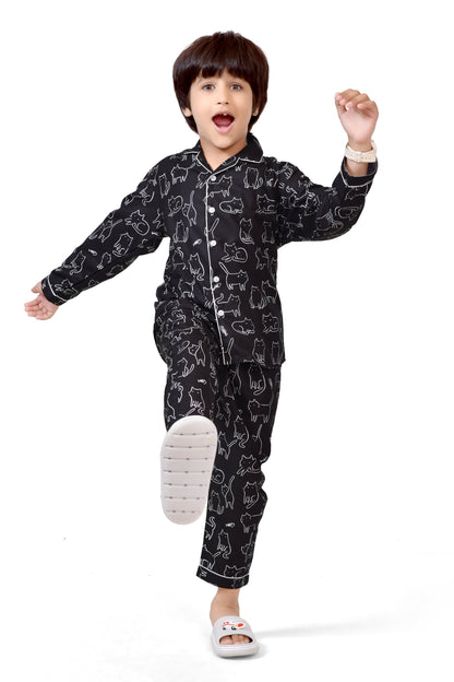 Cute Black and White Cat Printed Cotton Boys Night Suit