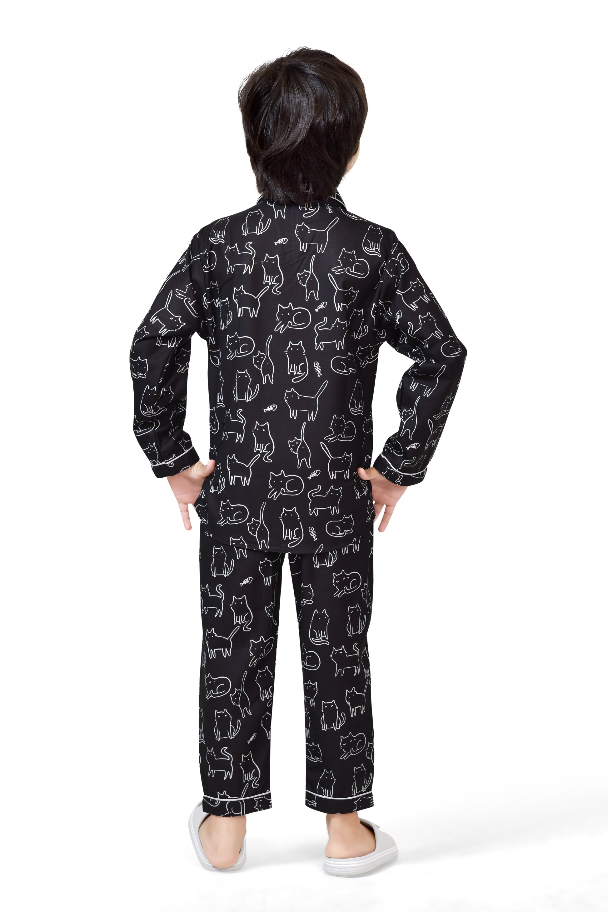 Cute Black and White Cat Printed Cotton Boys Night Suit - Back Side