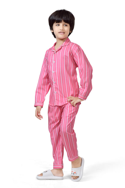 Cute Pink and White Striped Boys Long Sleeve Pajama Suit